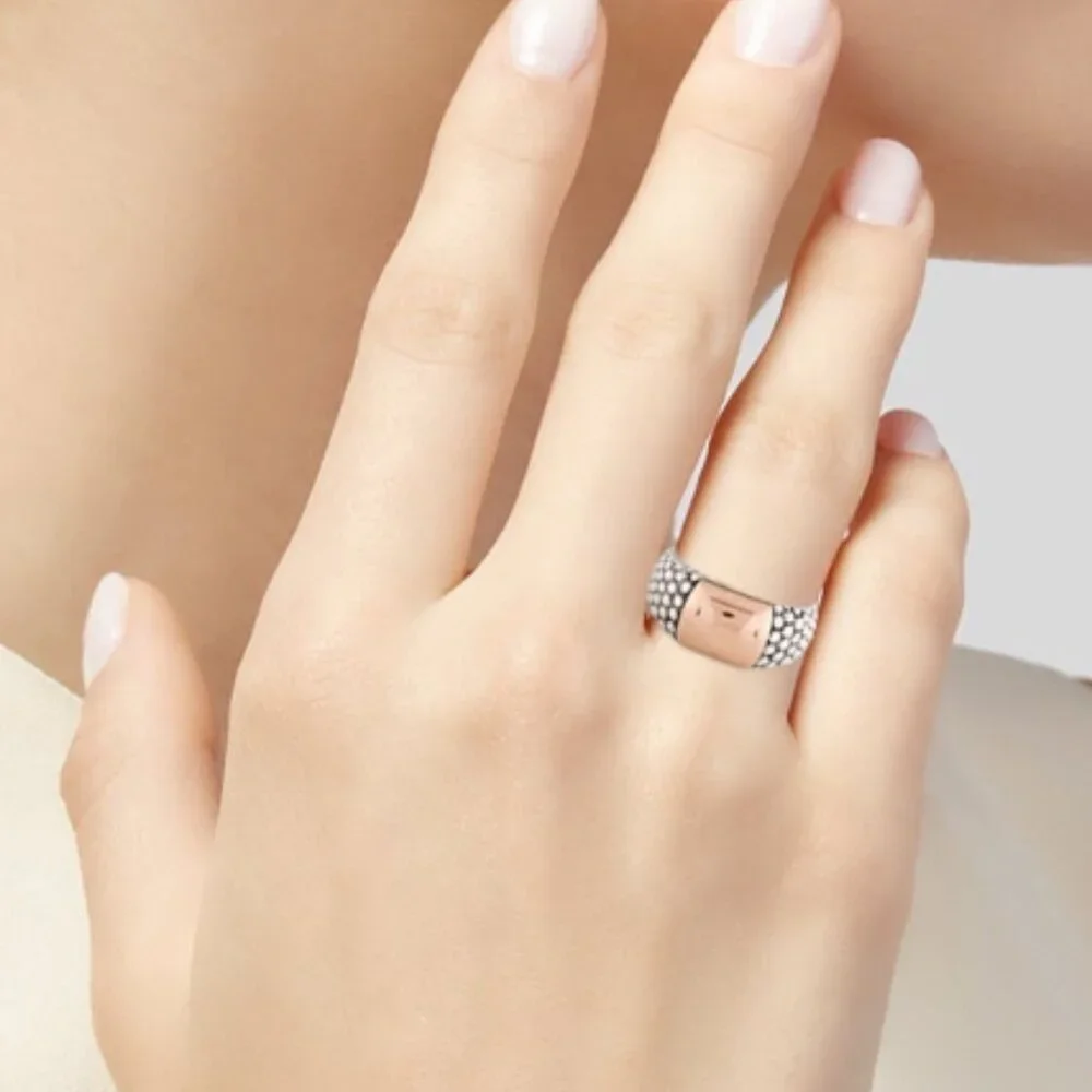 LAGOS TWO-TONE 18K ROSE GOLD & STERLING SILVER CAVIAR HIGH BAR RING - Picture 9 of 9